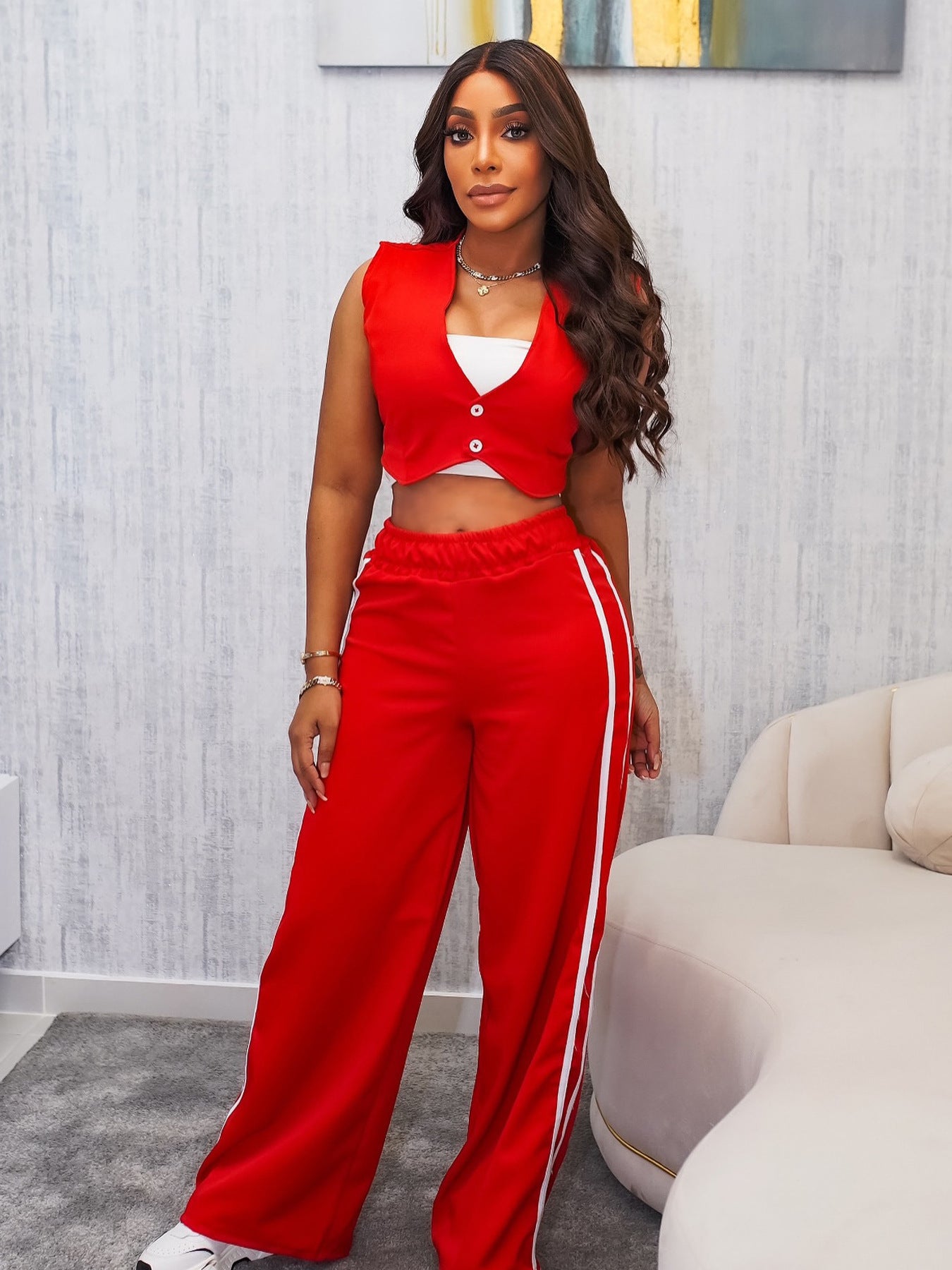 Women Sleeveless Crop Top and Casual Long Pants Two-Piece Set