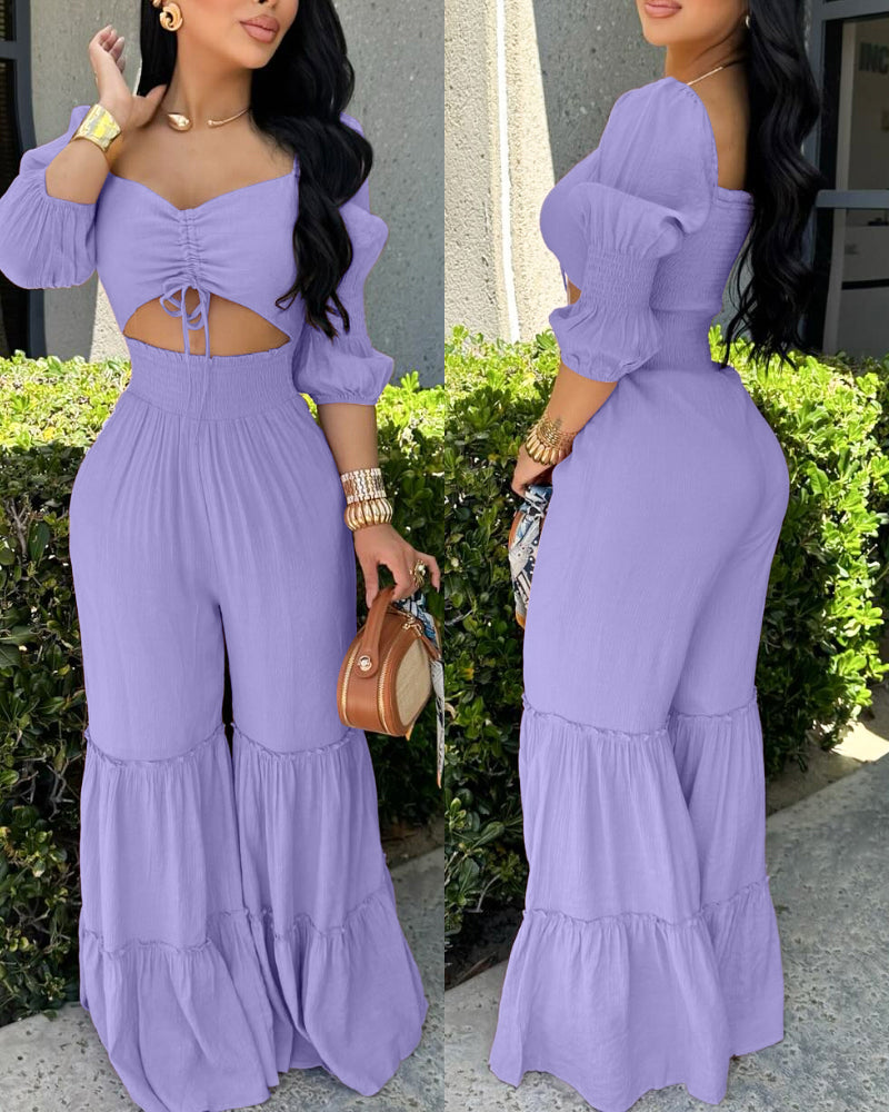 Women Square Neck Drawstring Puff Sleeve Wide Leg Jumpsuit 10