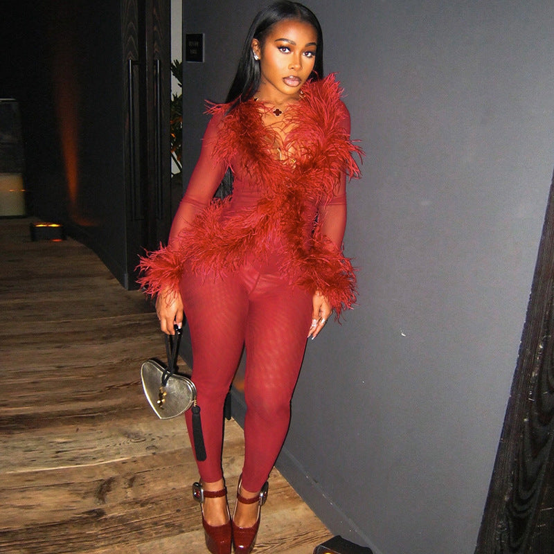 Women's Solid Color Mesh Patchwork Fuzzy Long Sleeve Top with Tight-Fitting Pants Two-Piece Set