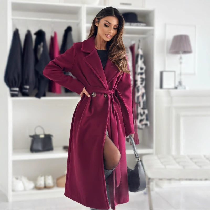 Women Fall and Winter Solid Long Sleeve Turndown Collar Lace-Up Jacket 7