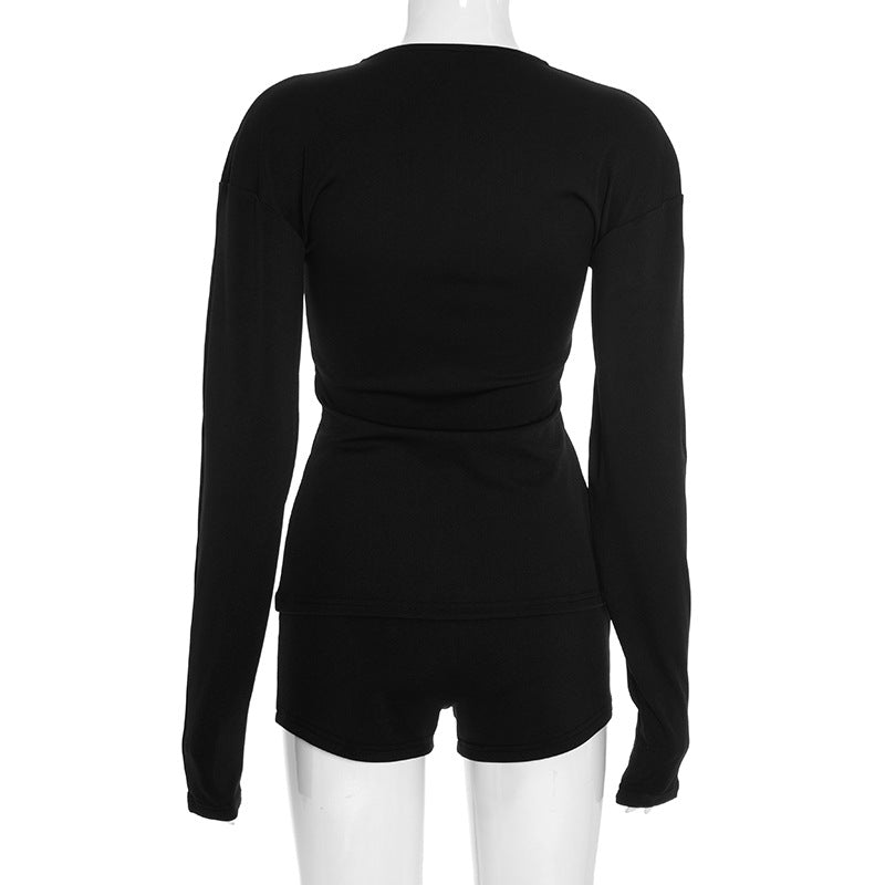 Women's Autumn Winter Round Neck Buttons Slim Waist Long Sleeve Top Shorts Set 6