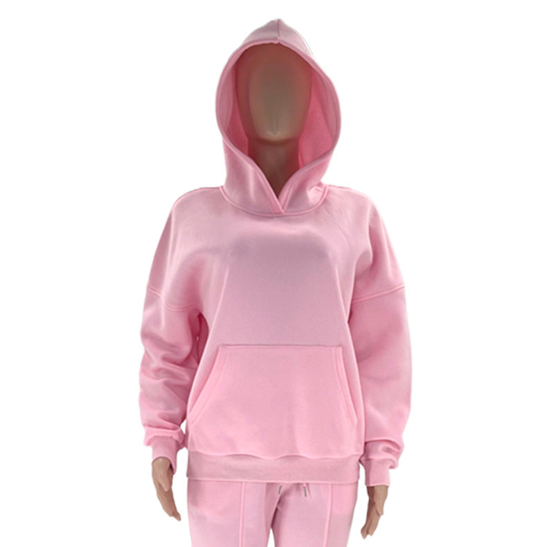 Autumn and winter solid color fleece Hoodies pants two-piece fashionable casual set 23