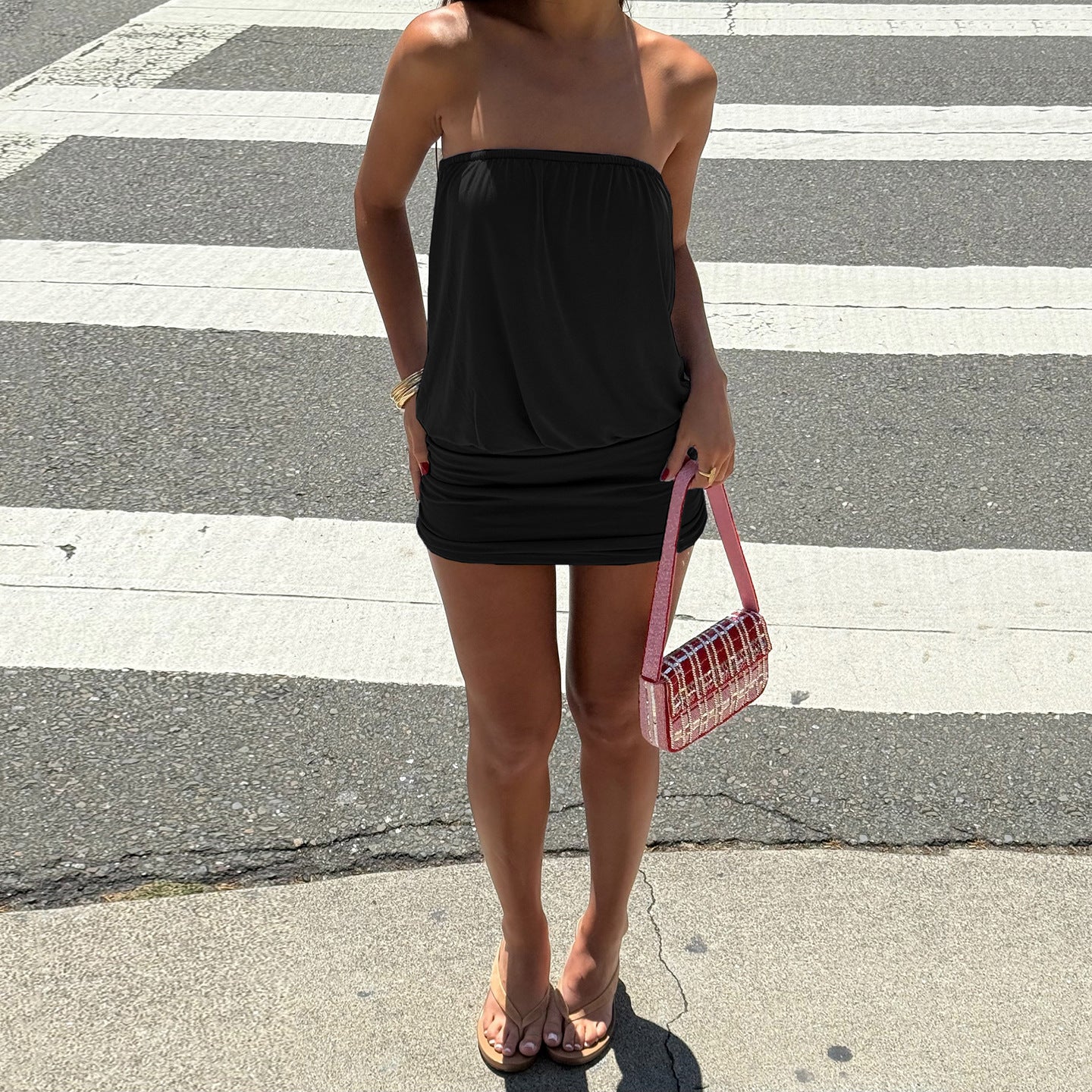 Summer Holiday Strapless Ruched Solid Bodycon Mini Dress 3