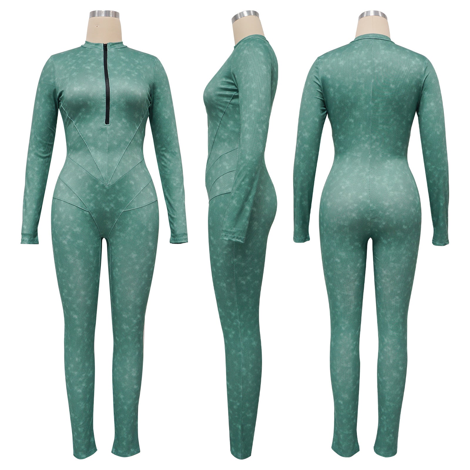 Women's Ribbed Printed Sexy V-Neck Tight Fitting Zipper Jumpsuit 15