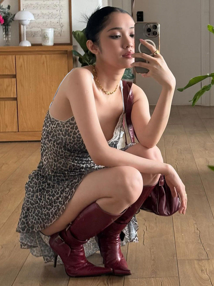 Women Summer Leopard Print V-neck Mesh Patchwork Ruffle Strap Dress 5