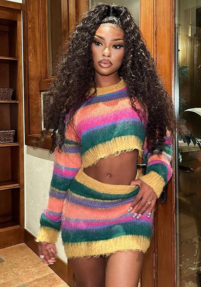 Autumn Women's Sexy Knitting Long-Sleeved Contrast Color Top High Waist Bodycon Skirt Suit For Women