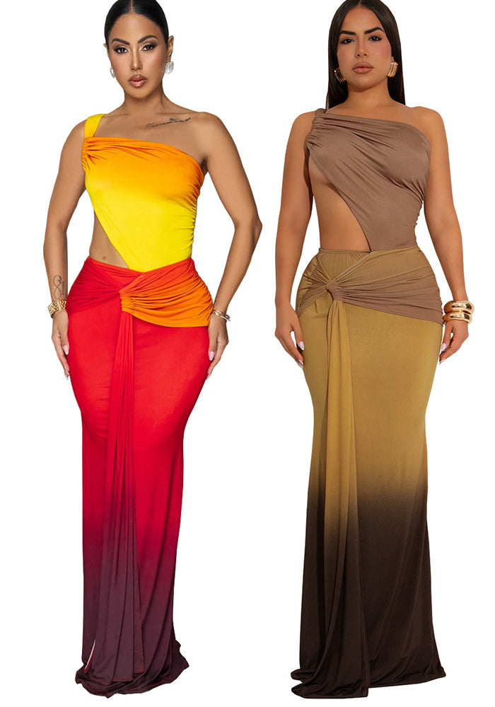 Fashion Women's Summer Sexy Slash Shoulder Bodycon Gradient Dress