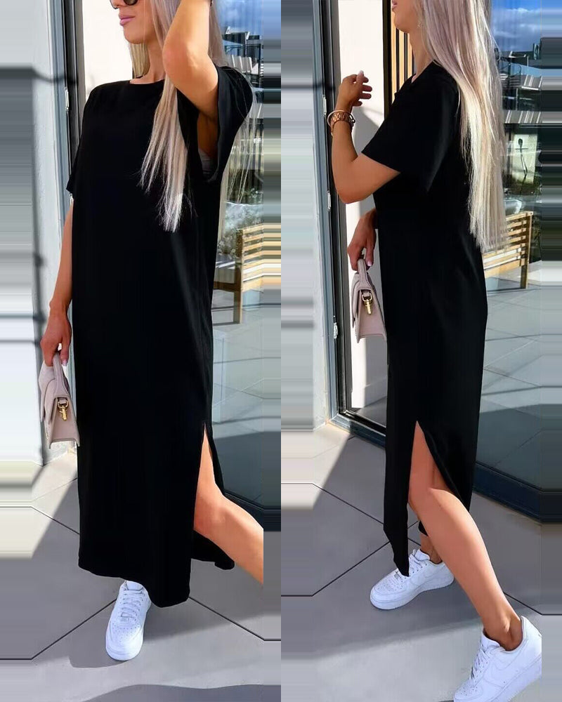 Solid Color Short-Sleeved Slit Casual Long Dress