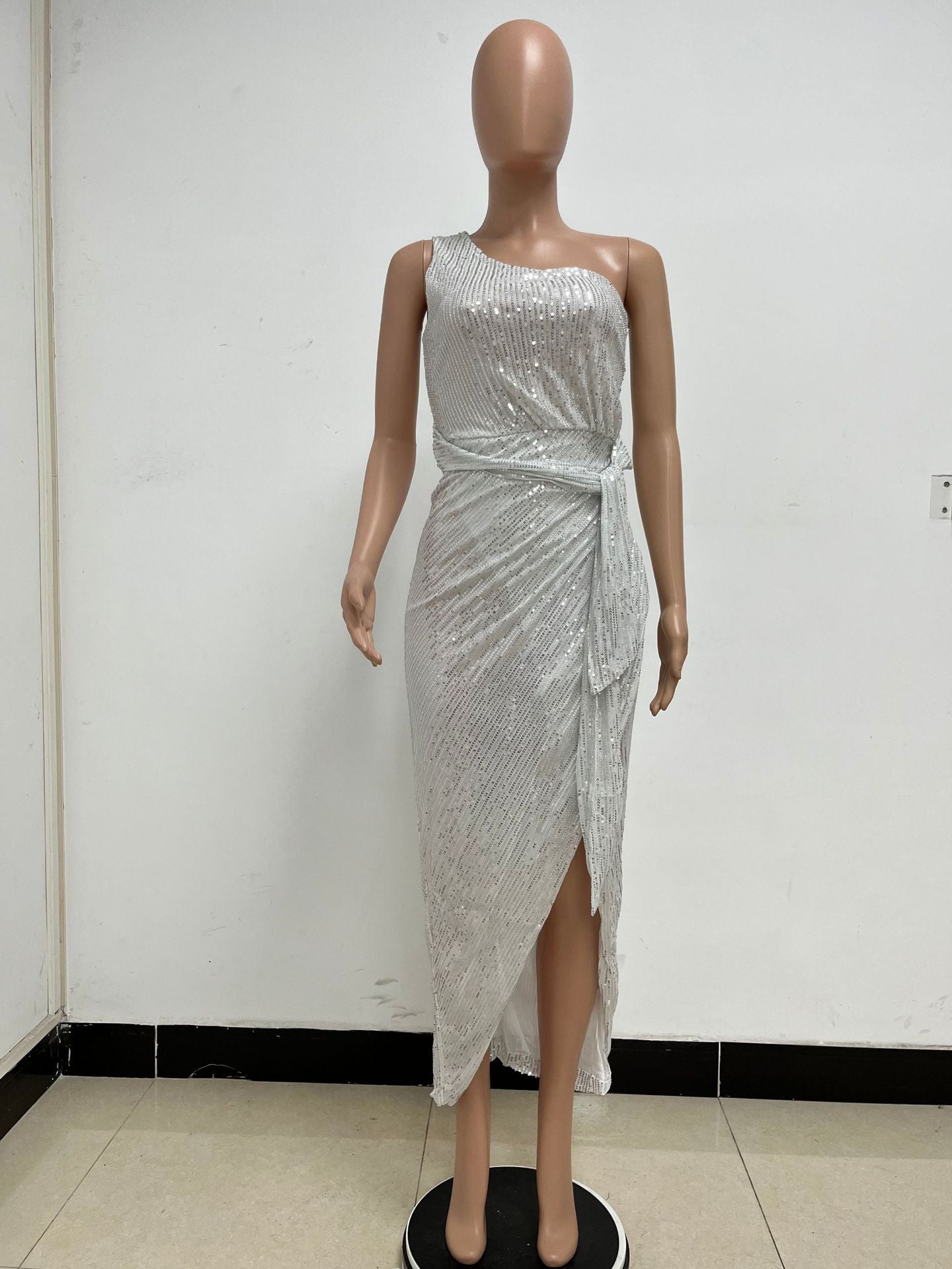 Women's One-Shoulder Lace-Up Sequined Evening Dress 81