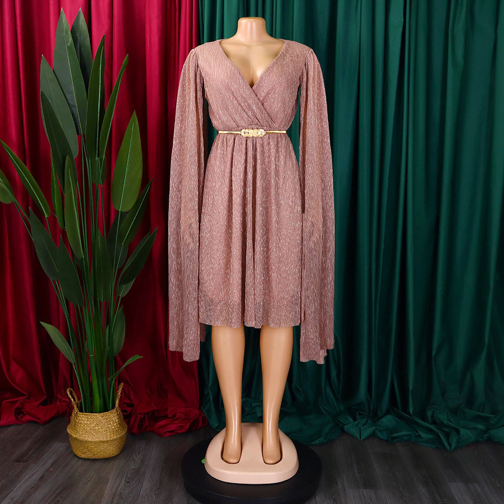 Belted V-Neck Chic Long Sleeve Cape Slim Waist Gown Dress 15