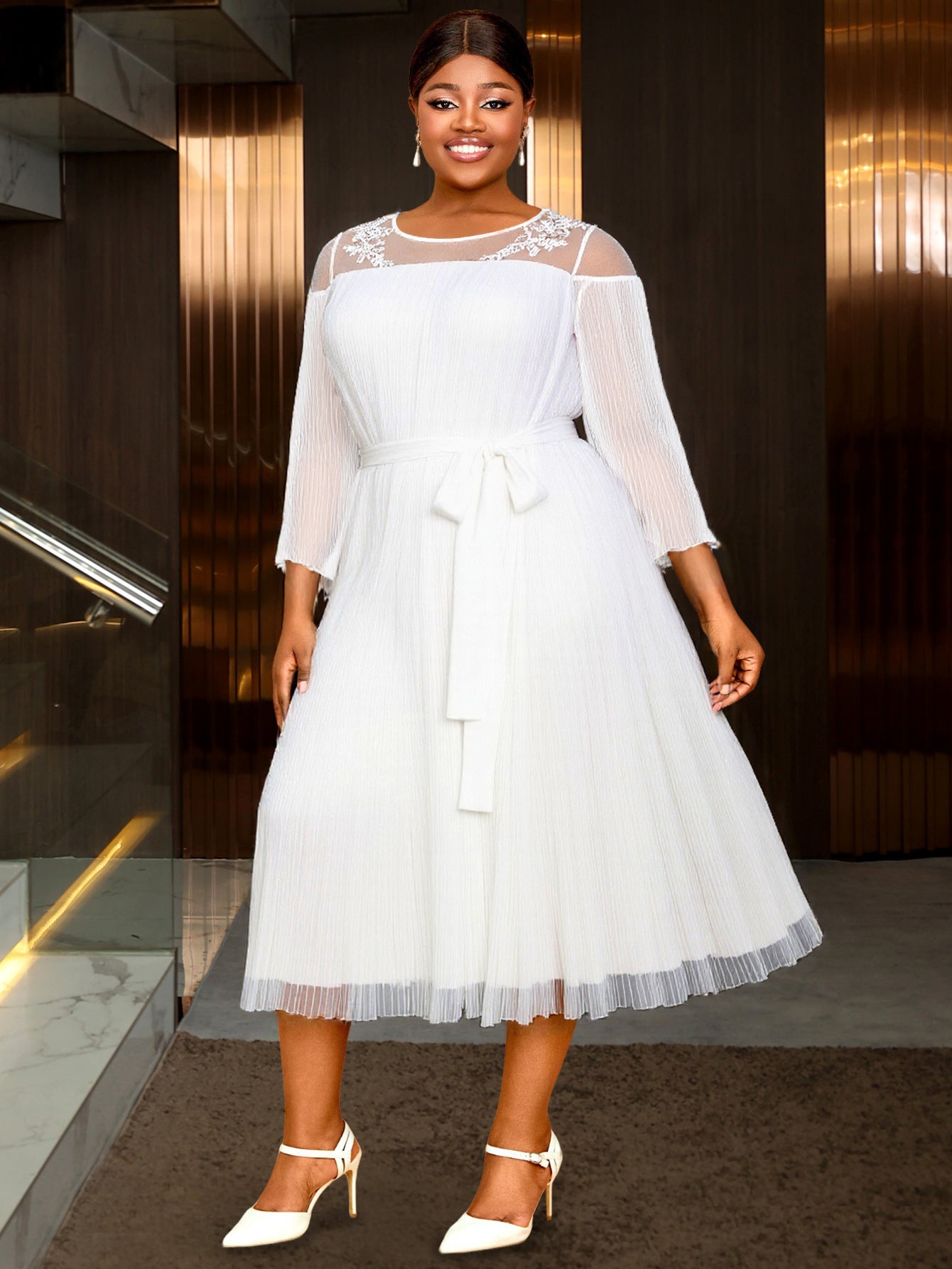 Plus-Size Women Elegant White Cutout Mesh Long-Sleeved Ruffled Belted Chiffon Dress 7