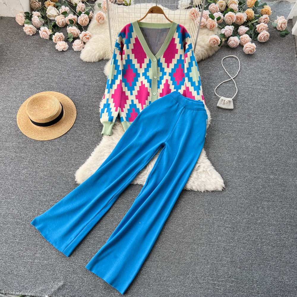 Women Casual Contrast color knitting V-neck jacquard cardigan sweater + wide-leg pants two-piece set 5