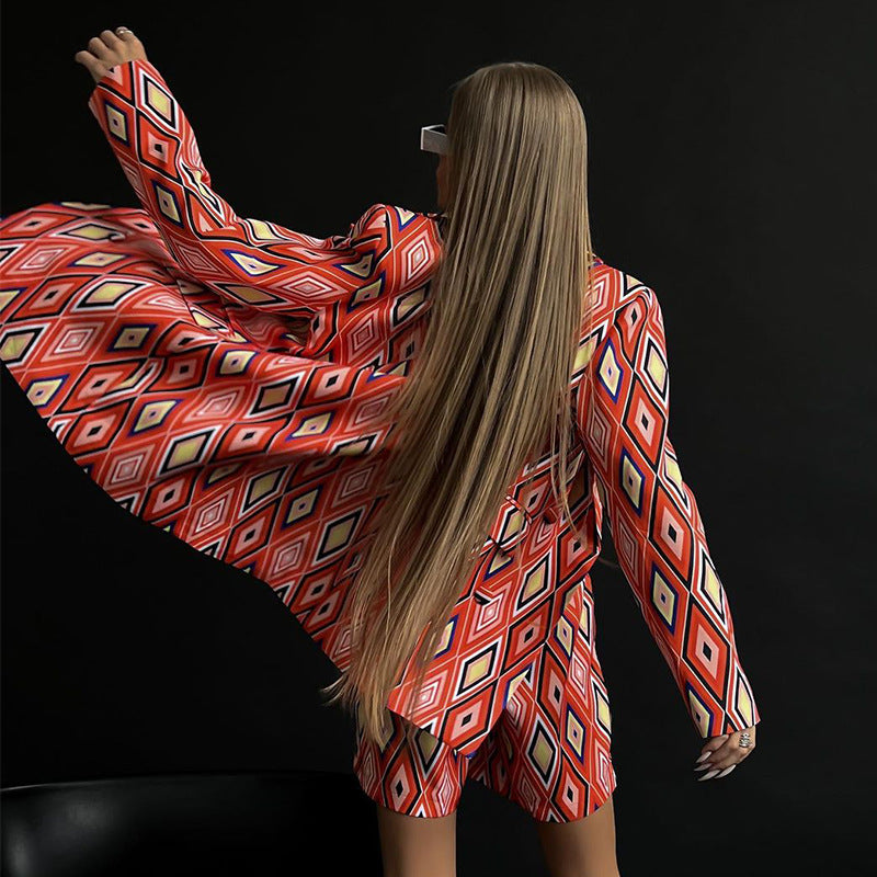 Fall Women Chic Print Blazer And Shorts Two Piece 3