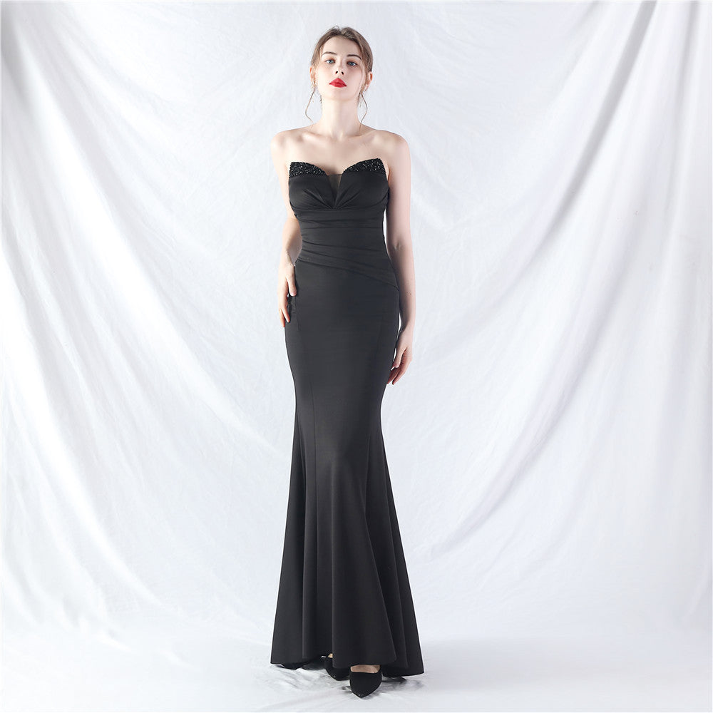 Women Satin Beaded Evening Dress
