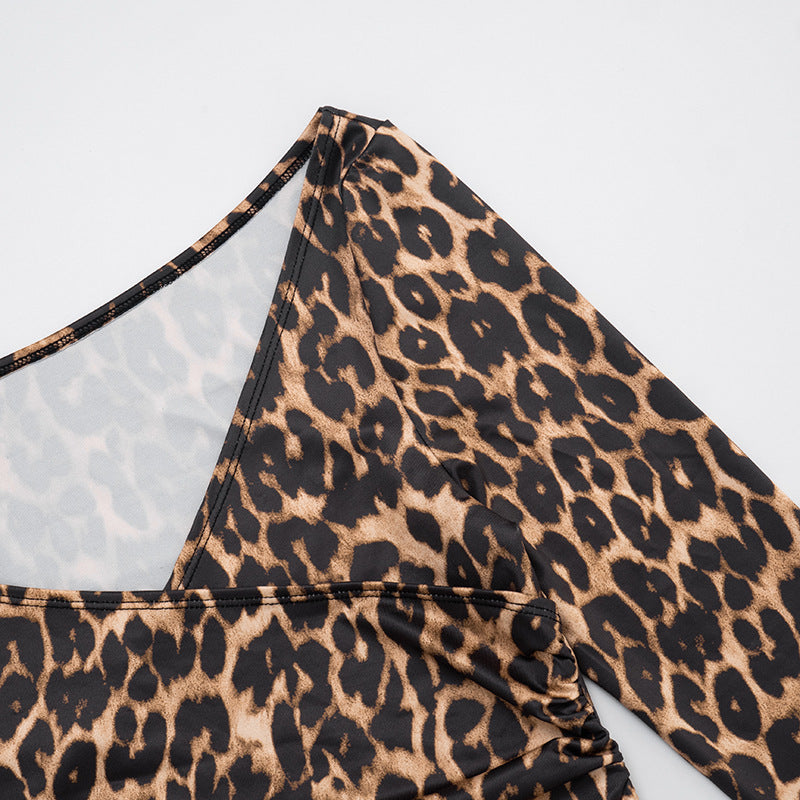 Women's Autumn Winter Leopard Print Off Shoulder Deep V-Neck Finger Sleeve High Waist Pants Set 14