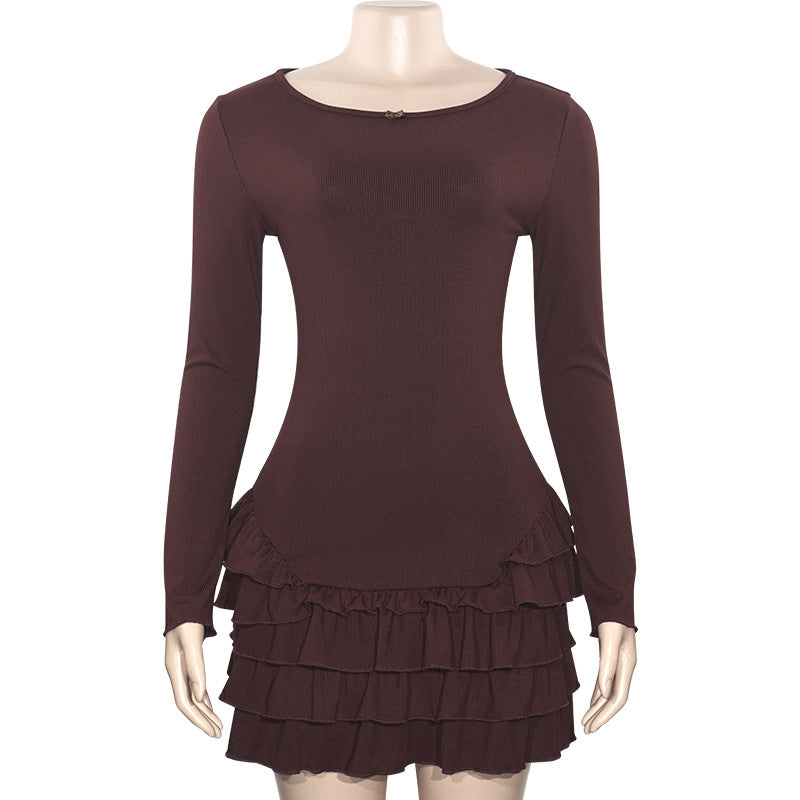 Spring Solid Color Round Neck Long Sleeve  High Waist Slim Ruffle Women's Dress 5