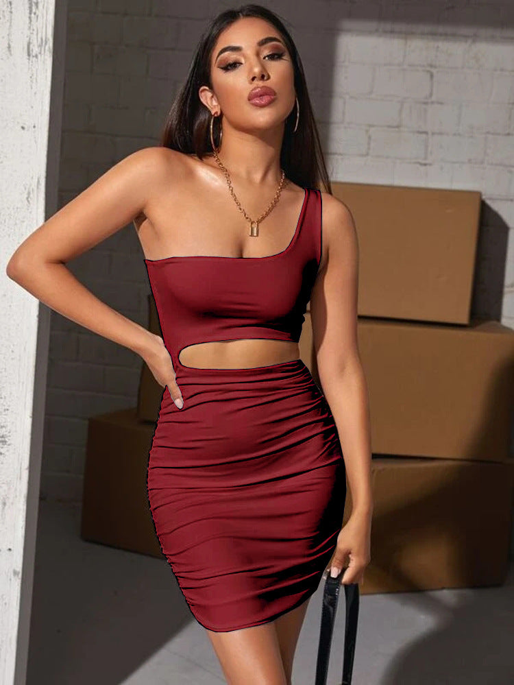 Women Sleeveless Slash Shoulder Hollow Pleated Sexy Bodycon Dress 23