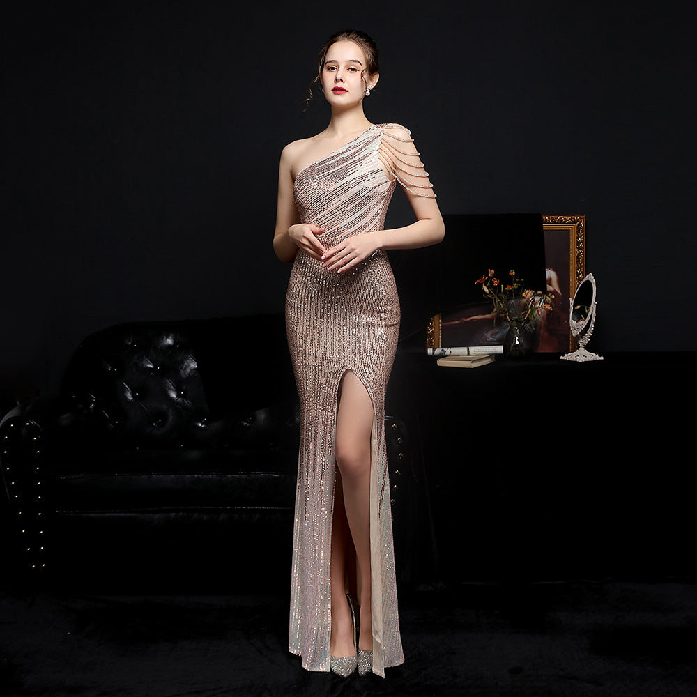 Plus Size Women Elegant Sequin One Shoulder Slit Evening Dress 10