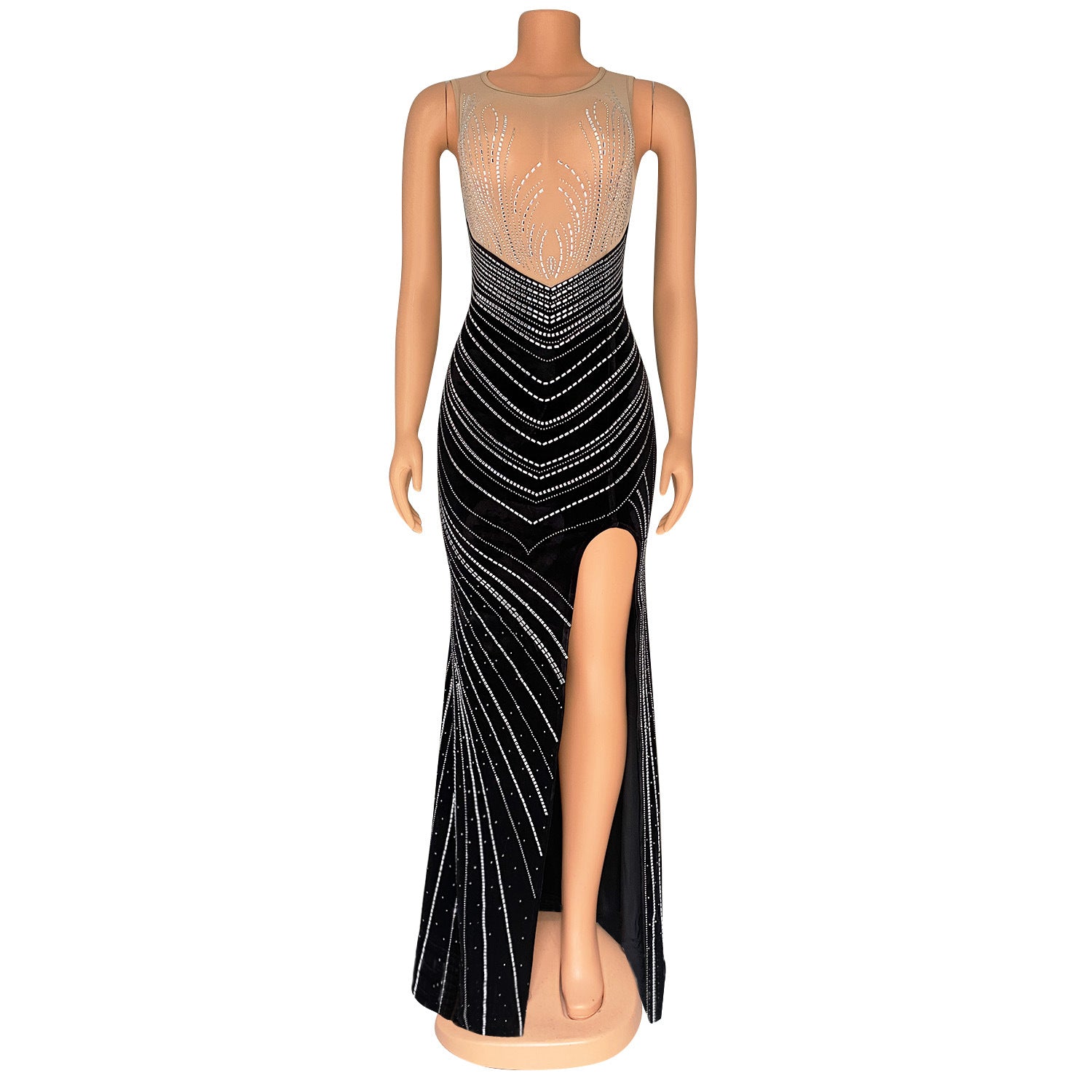 Spring Velvet Patchwork Mesh Beaded Sleeveless Nightclub Long Dress 15