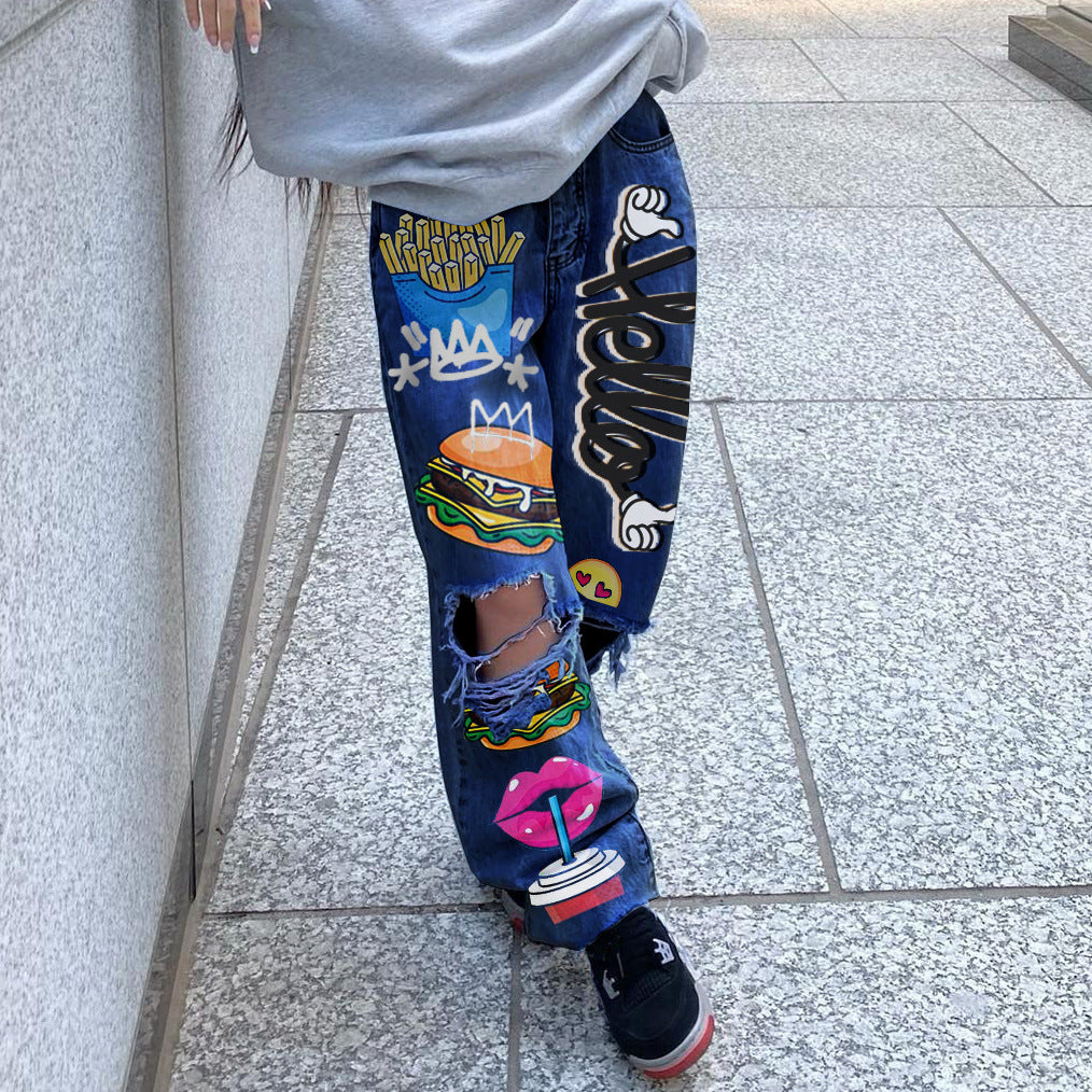 Women Ripped Print Shabby Denim Pants 4