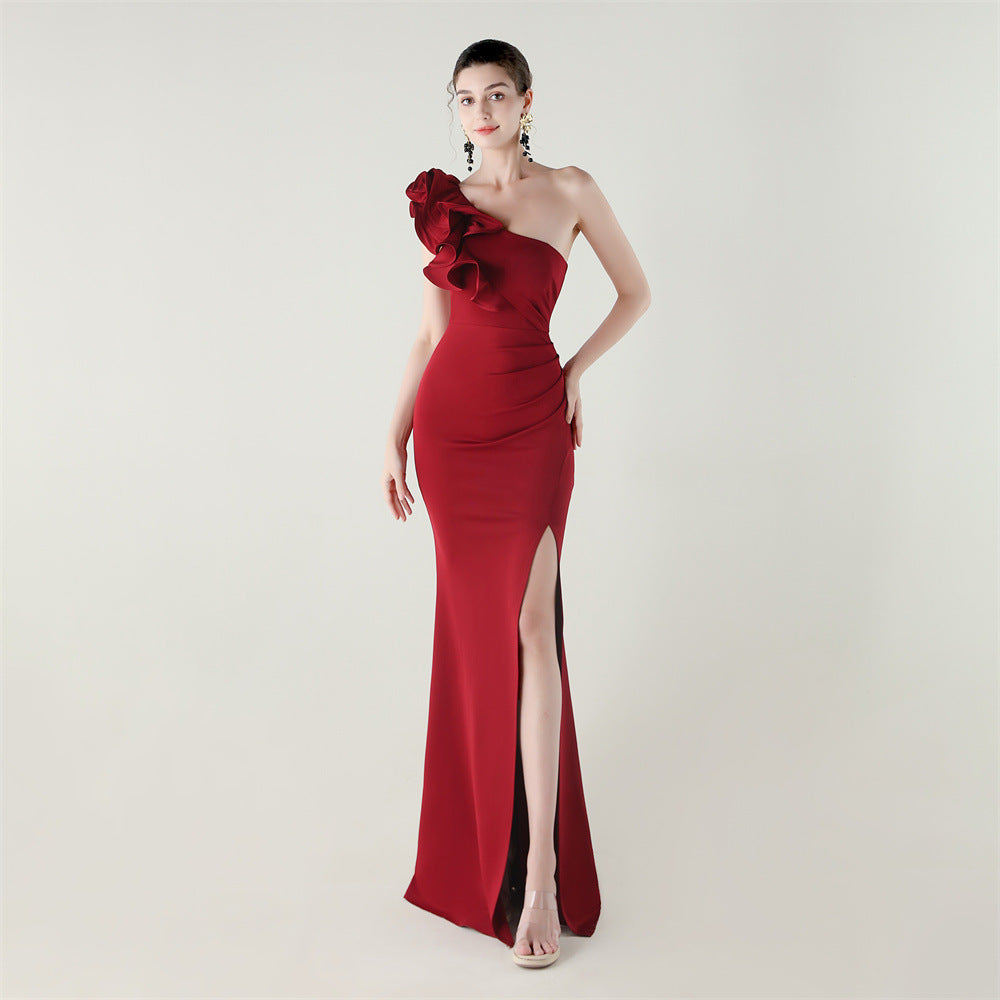 Women One-Shoulder Beaded Wool and Floral Satin Slit Sexy Evening Dress 5