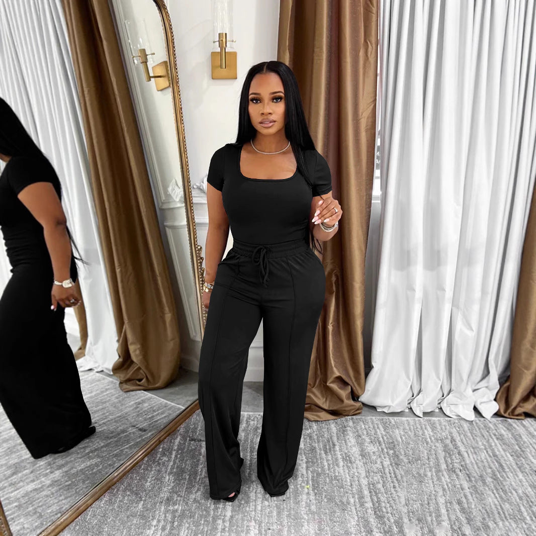 Women's summer Career fashion solid color square neck short sleeve top high waist wide leg Pants Casual Two Piece Set 3