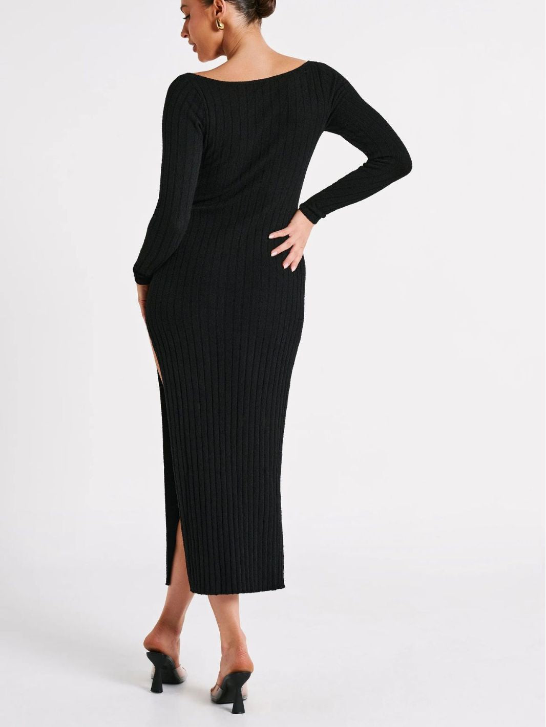 Women Autumn and Winter Round Neck Long Sleeve Slit Sexy Knitting Dress 7