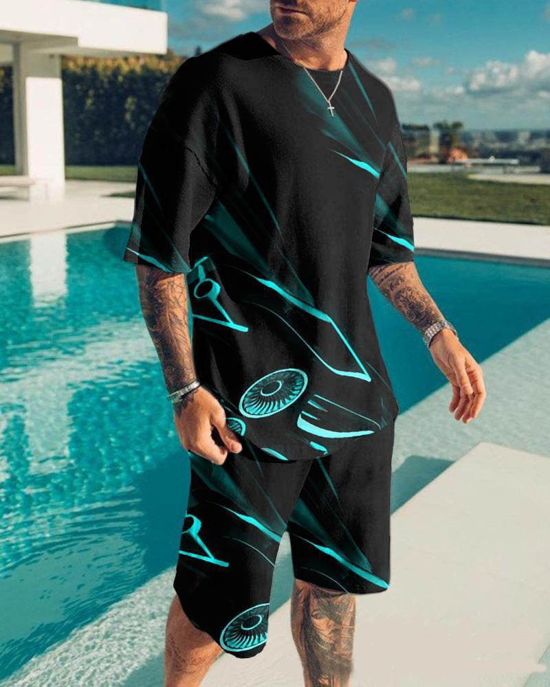 Men's Casual Colorblock Print Short Sleeve T-Shirt and Shorts Two-Piece Set 32