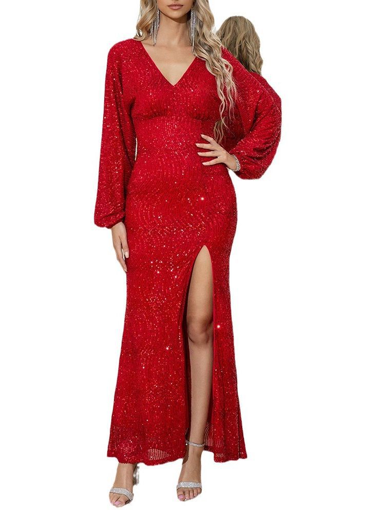 Autumn And Winter Fashion Sexy Dress Puff Sleeves Deep V High Slit Sequined Long Sleeve Dress 6