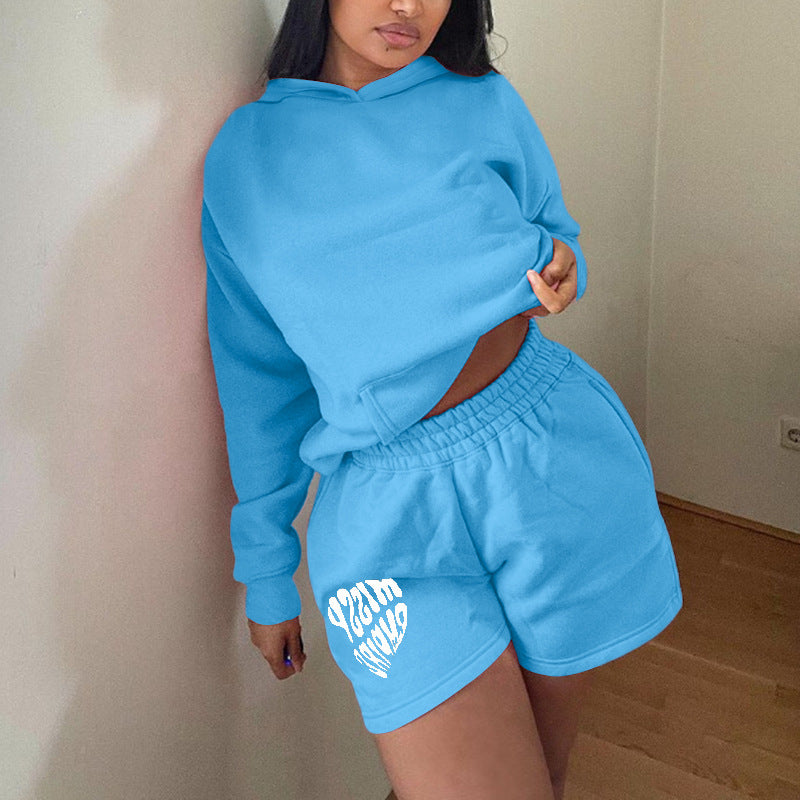 Women long-sleeved Hoodies and shorts two-piece set 4