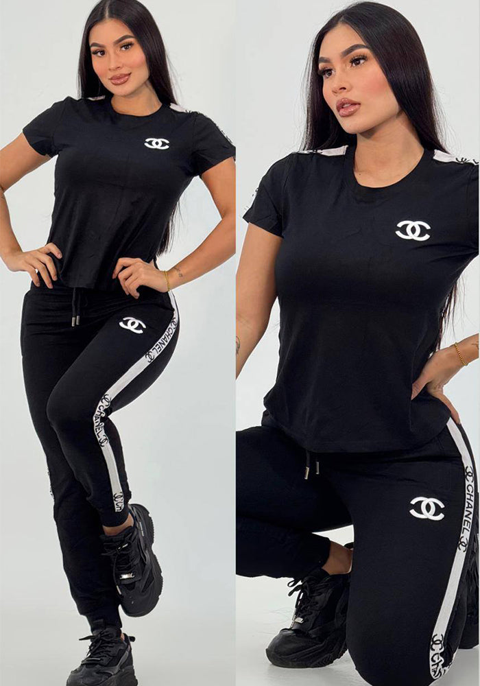 Spring Embroidery Fashion Print Casual Sports Short Sleeve Two-Piece Pants Set