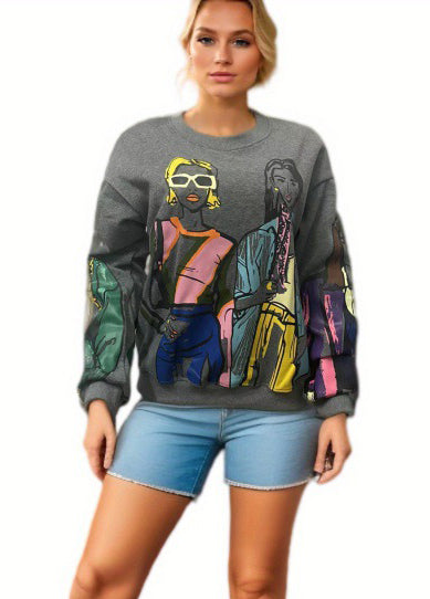 Autumn And Winter Women's Warm Fleece Round Neck Loose Printed Sweatshirt 3