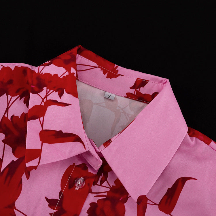 Fashion Print Turndown Collar Long Sleeve Shirt High Waist Split Short Skirt Two Piece Set 8