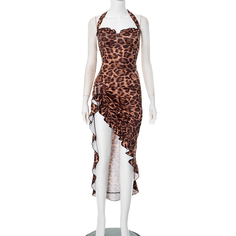 Summer Women's Sexy Low Back Halter Neck Lace-up Asymmetric Leopard Dress 4
