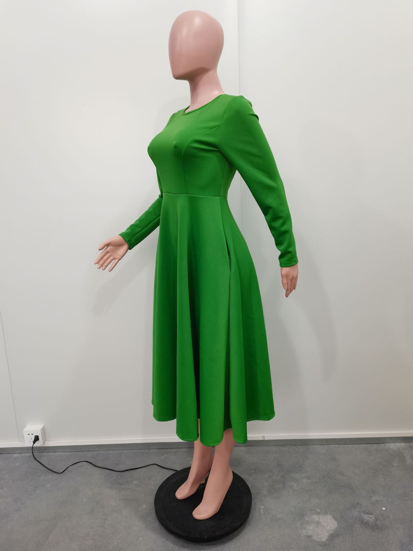 Women's Solid Round Neck Long Sleeve A-Line Dress 17