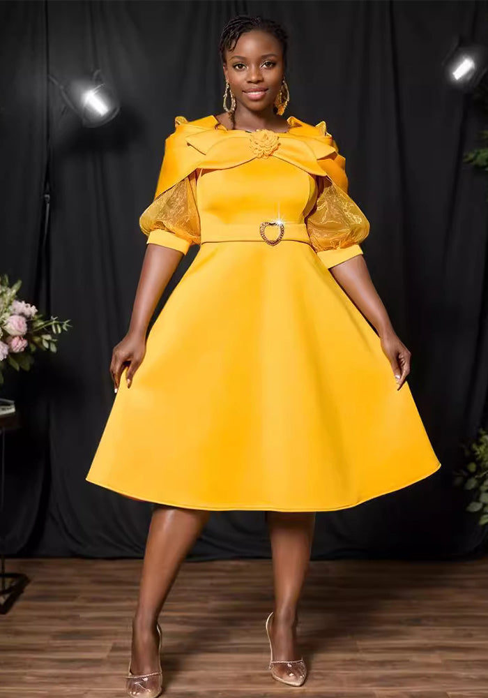Bow Knot See-Through Lantern Sleeve Party Dress Plus Size A-Line Yellow Dress