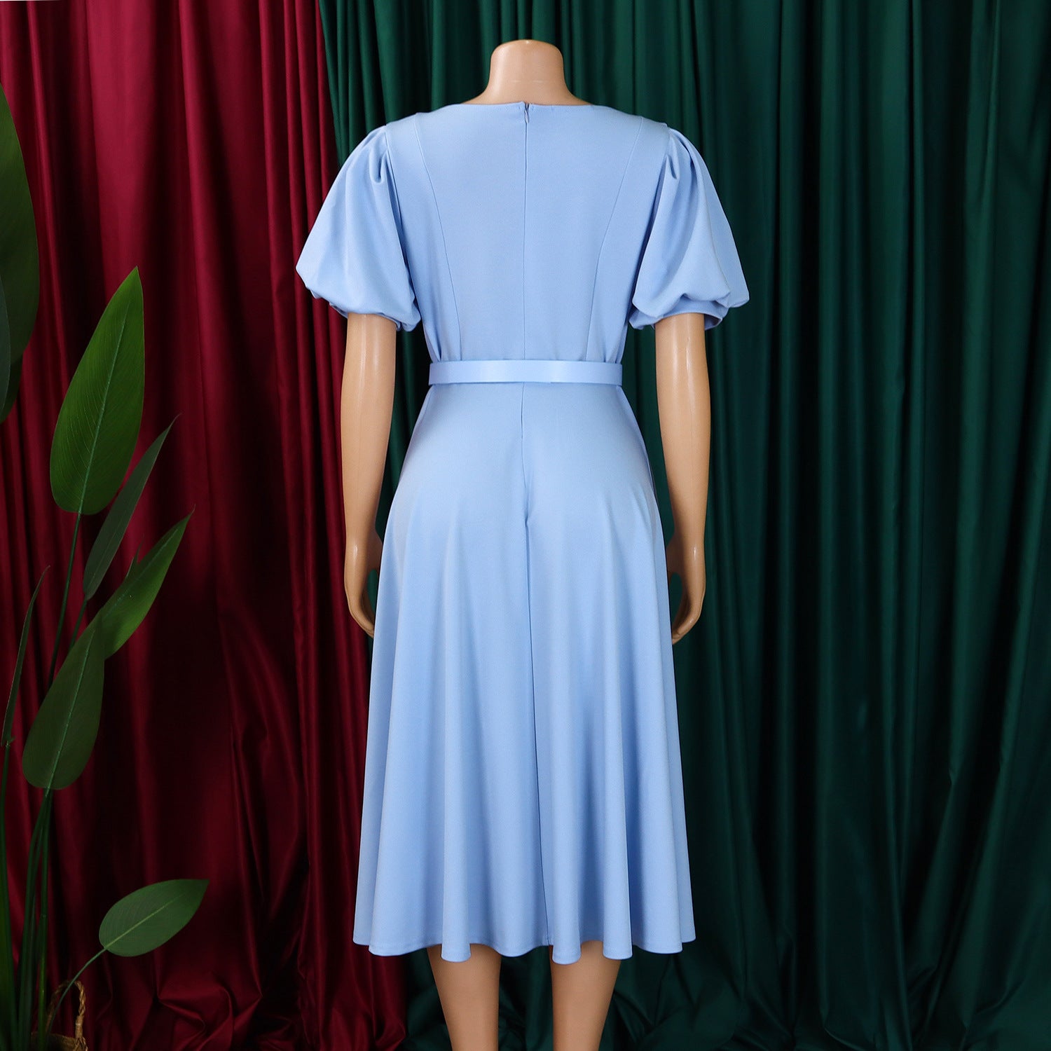 Women's Summer Trendy Puff-Sleeve Elegant High-Waist Solid Round Neck A-line African Dress 27