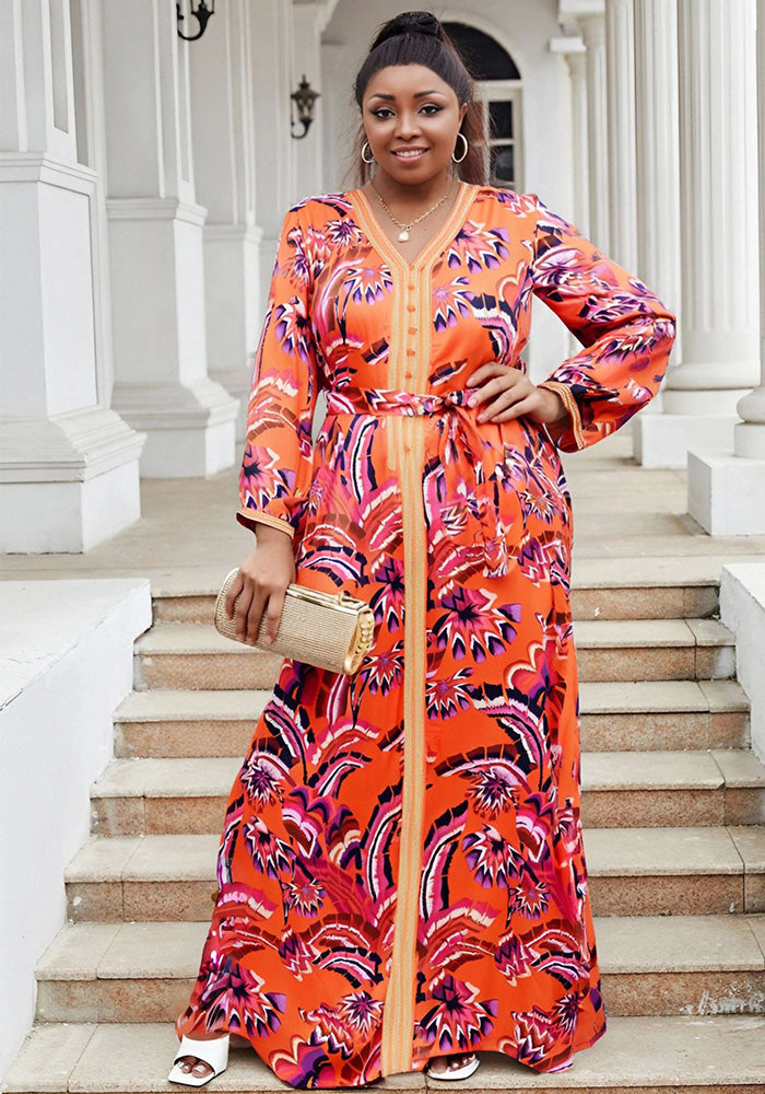 Plus Size Women's Loose Lace Embroidery Chiffon Print Evening Dress