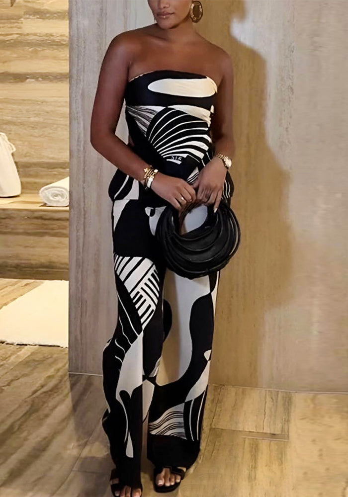 Sexy Strapless Low Back Top + Fashion Print Straight-Leg Pants Two-Piece Set
