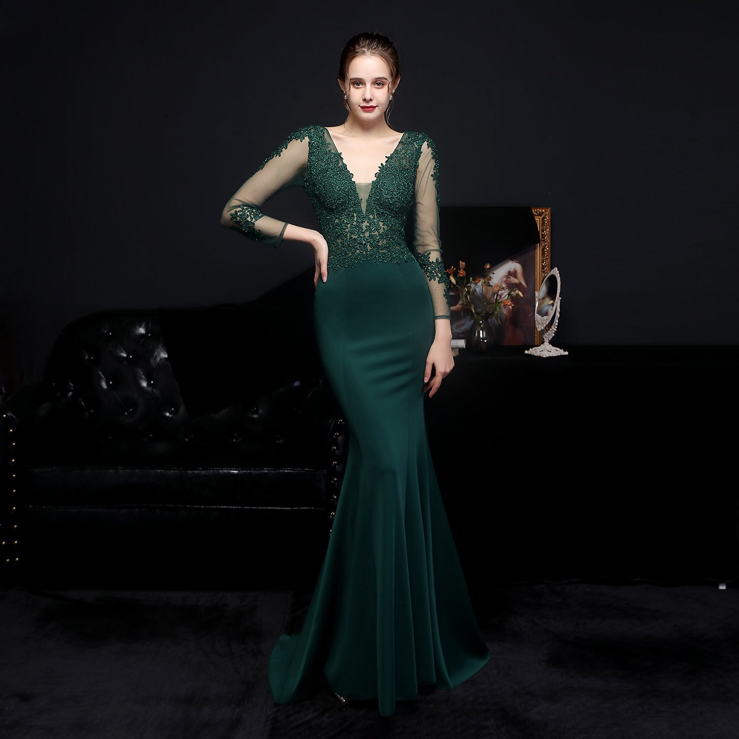 Autumn Occasional Formal Lace Upper V-Neck Mermaid Evening Dress 15