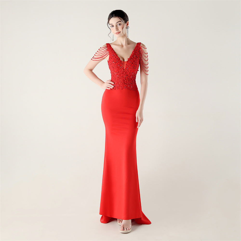 Women Heavy Lace Beaded Slit Fishtail Skirt Sexy Elegant Evening Evening Dress 15