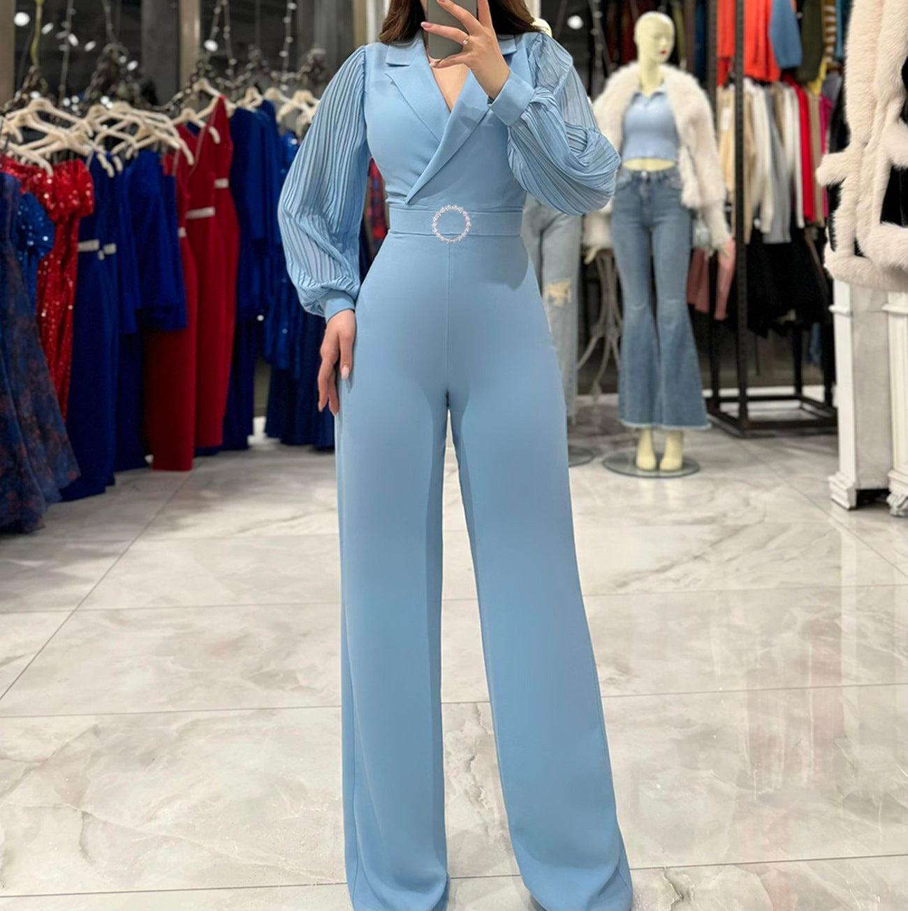 Autumn And Winter Chiffon Patchwork Long-Sleeved Women's Formal Jumpsuit