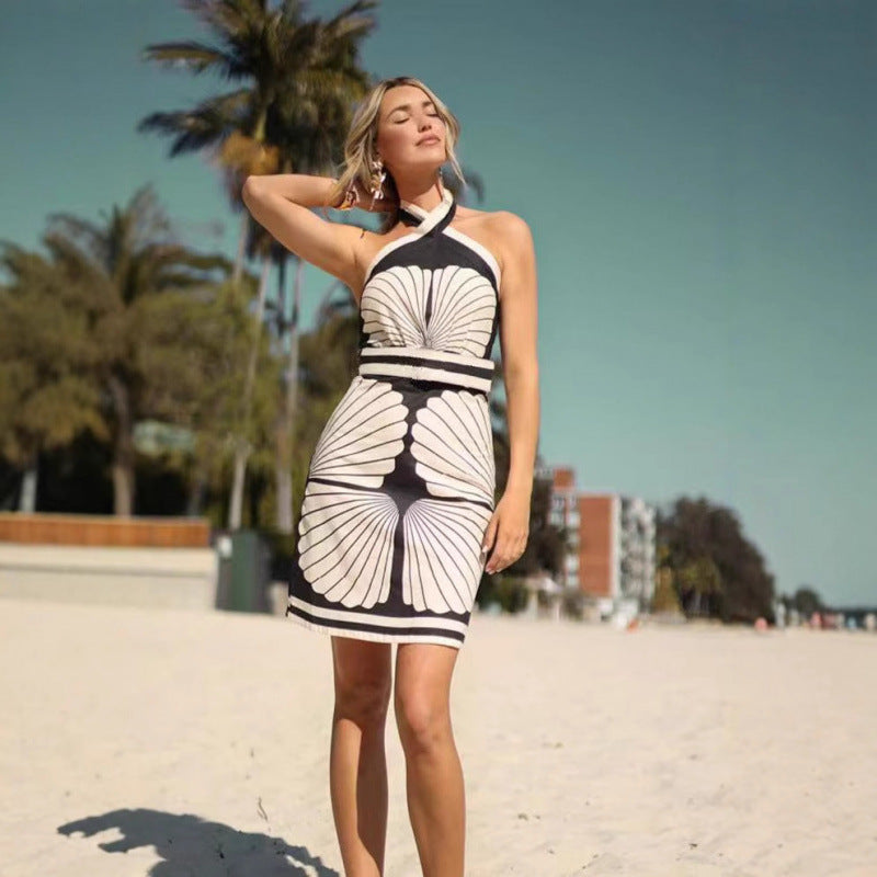 Women Summer Sexy Shell Print Halter Neck Lace-Up Dress 4