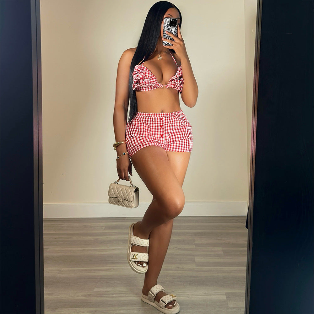 Women’s Summer Plaid Lace-Up Crop Top Shorts Set 3