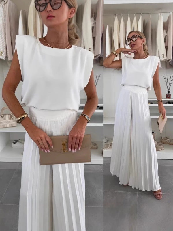 Women Summer Pleated Top and Pleated Wide Leg Pants Two Piece Set 7