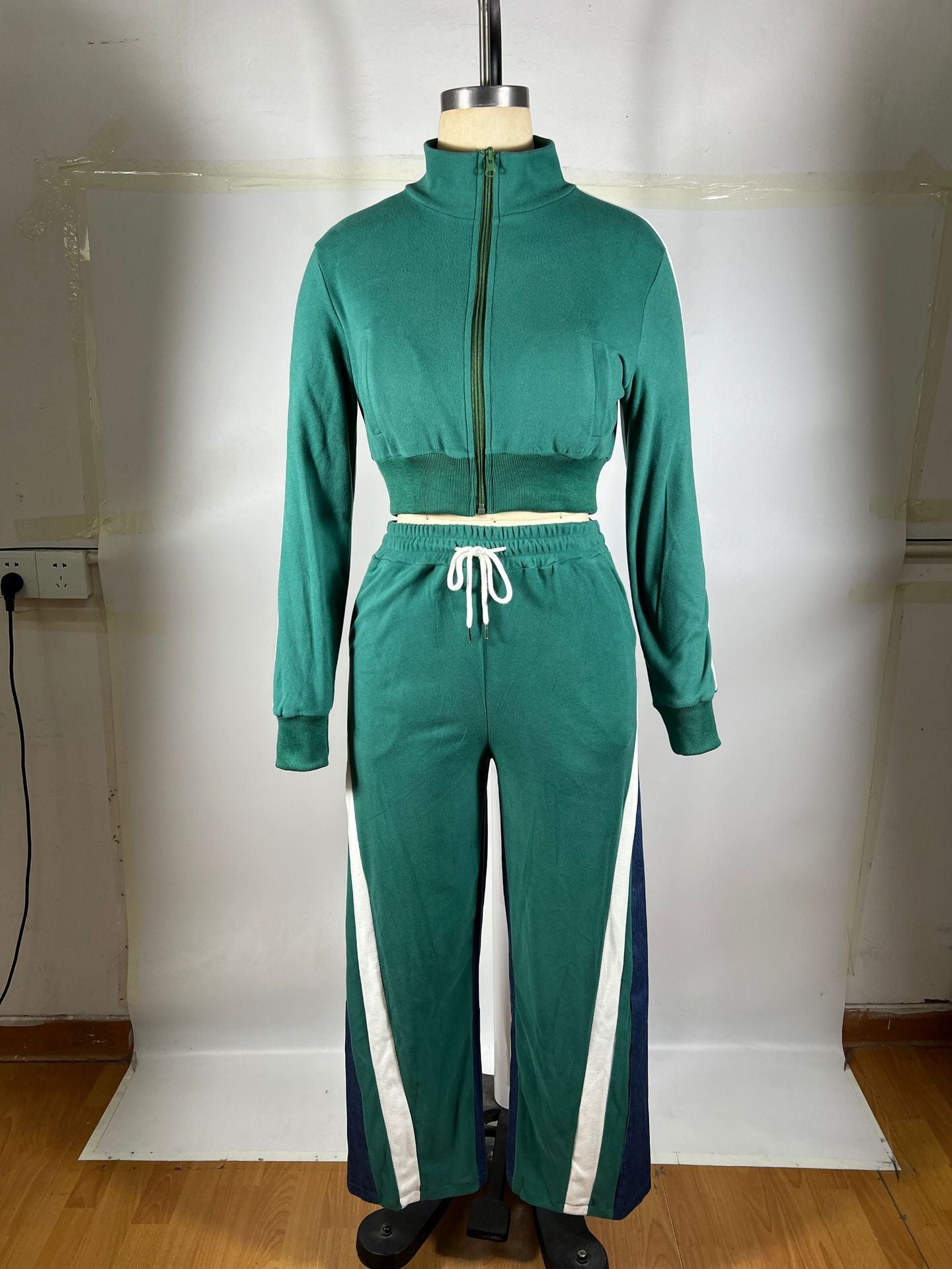 Women Top and Denim Patchwork Pants Two-Piece Set 7