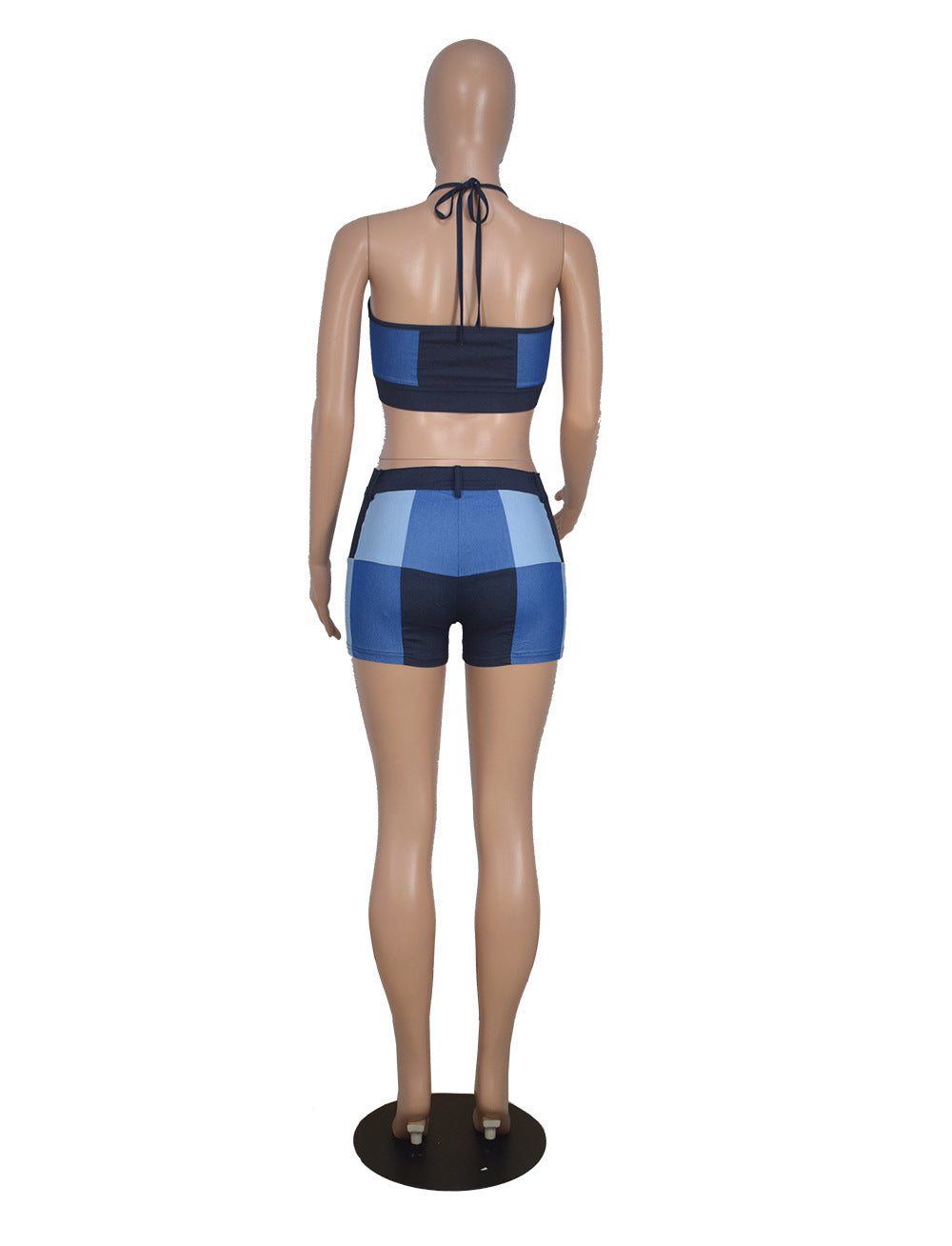 Women Large Plaid Sling Sleeveless Top Shorts Two-Piece Set 5