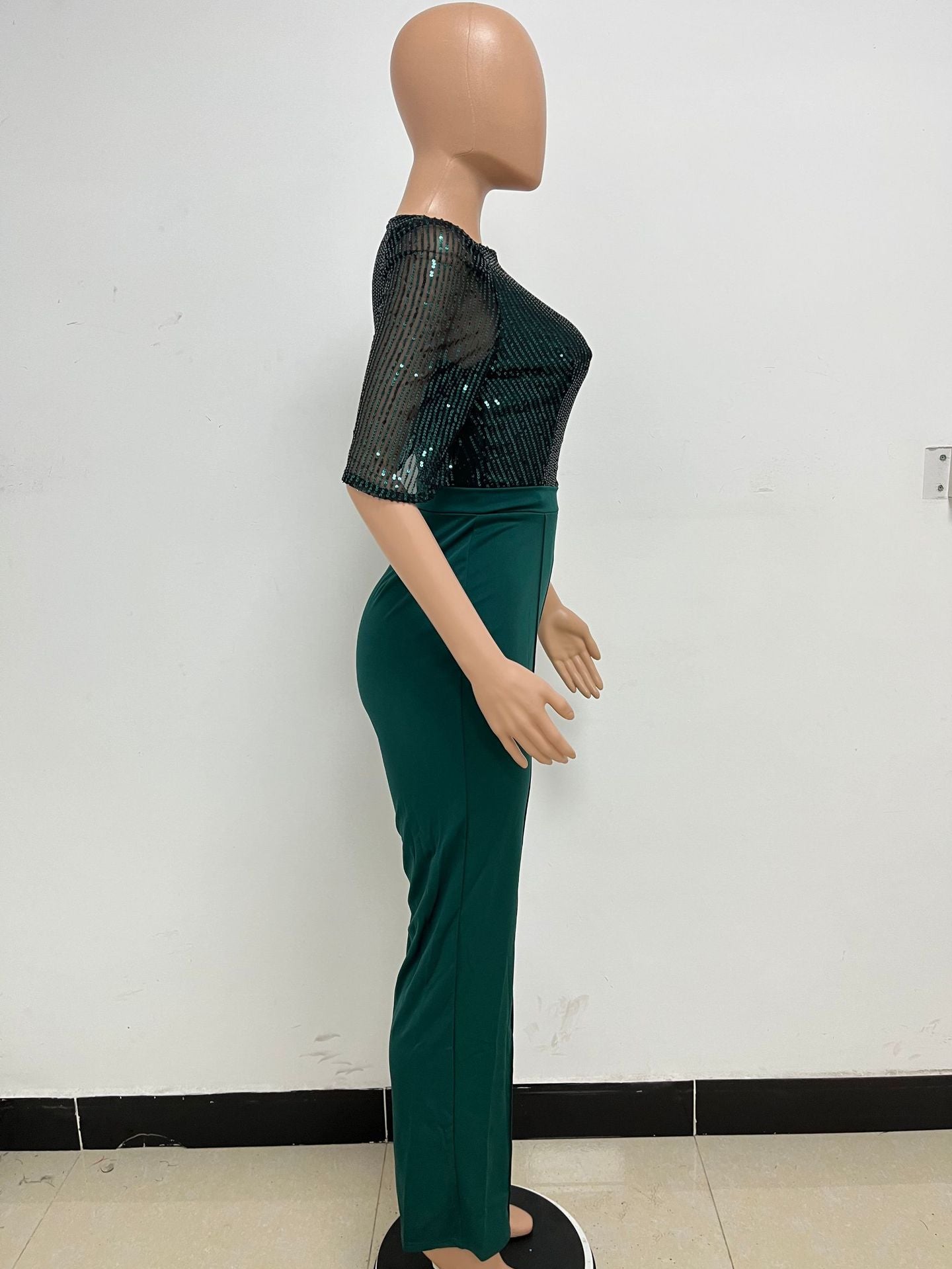 Women's Fashion Sequins Half Sleeve Wide-Leg Chic Ladies Jumpsuit 32