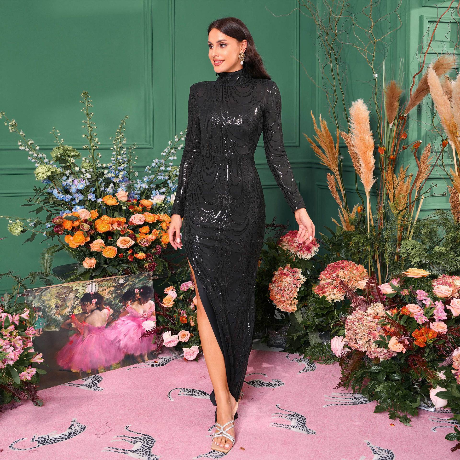 Women Long Sleeve Round Neck Sexy Long Sequin Formal Party Evening Dress Bridesmaid Dress 6