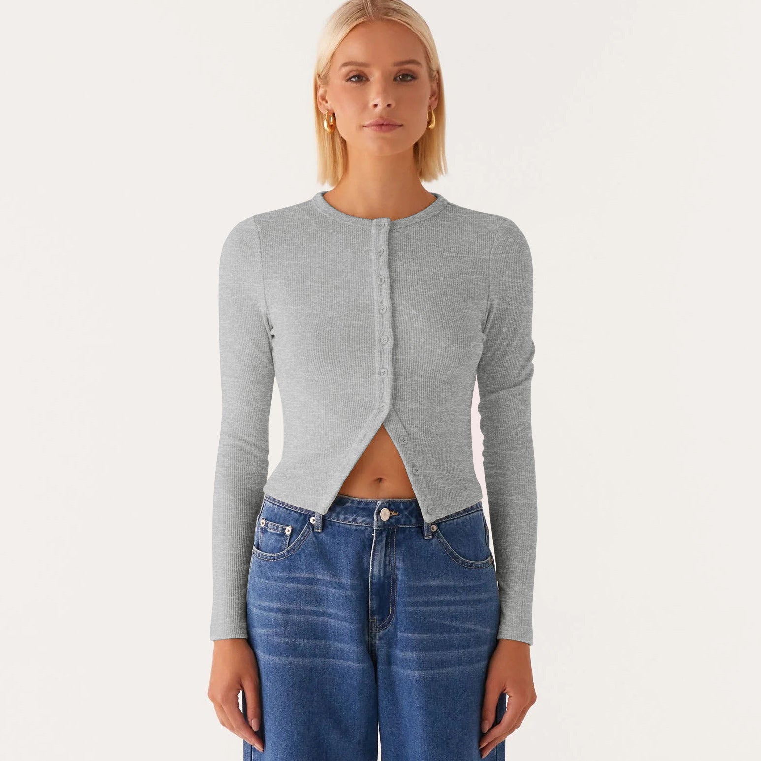 Spring and Summer Women's Solid Color Slim Long Button Cardigan Top 17